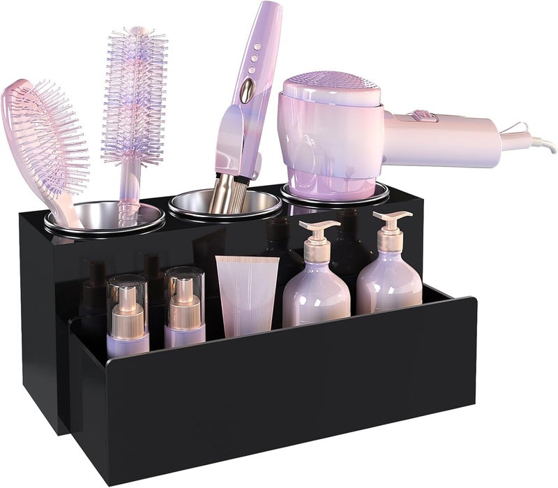 PITBVO Hair Tool Organizer, Acrylic Hot Hair Styling Tool Organizer with 3 Cups, Hair Dryer Holder for Bathroom Organization Bedroom Vanity Countertop Caddy Storage Curling Iron Stand (Glossy Black) - Image 1